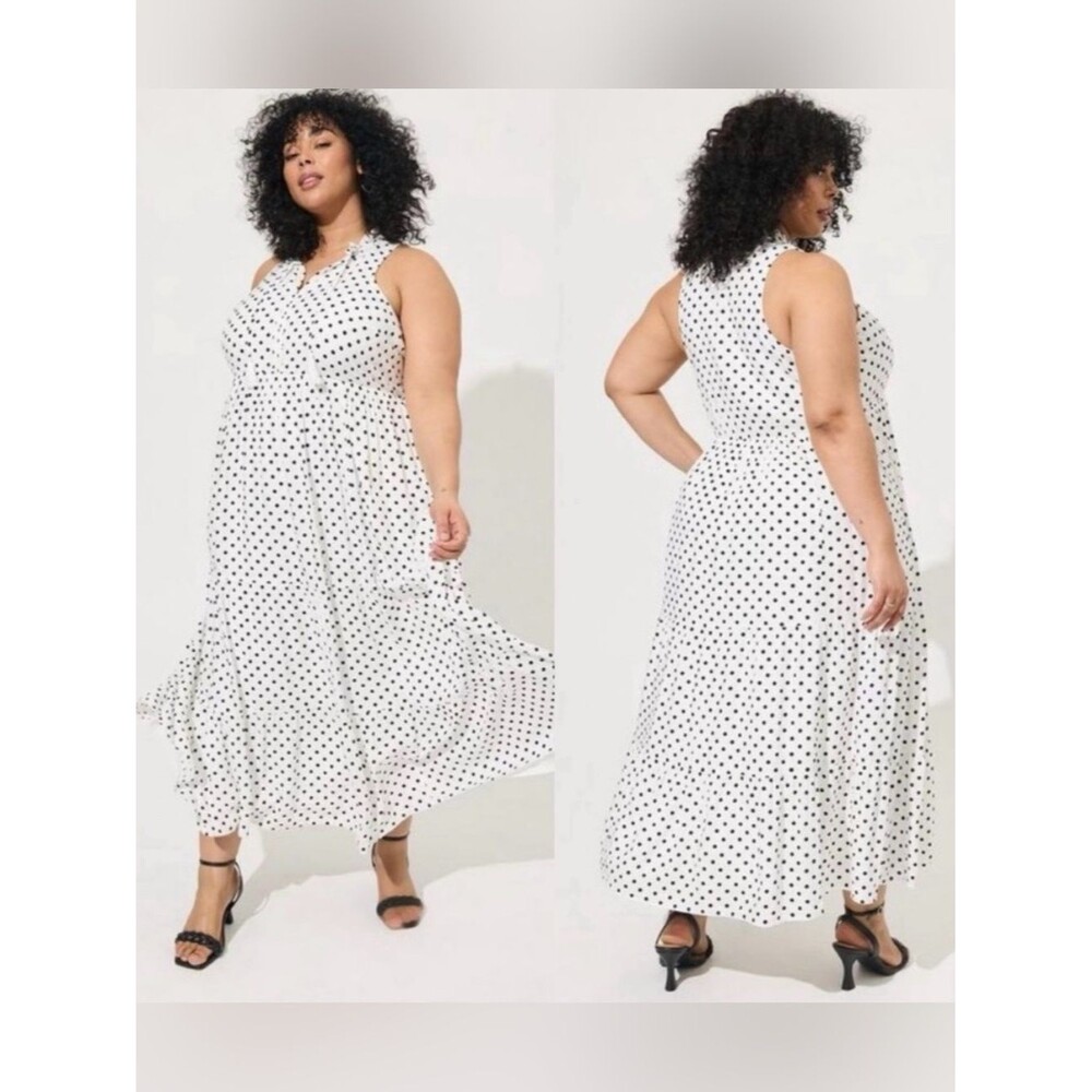 Torrid Maxi Dress 3X Plus White Black Polka Dot Woven Tiered 100% Rayon Pockets